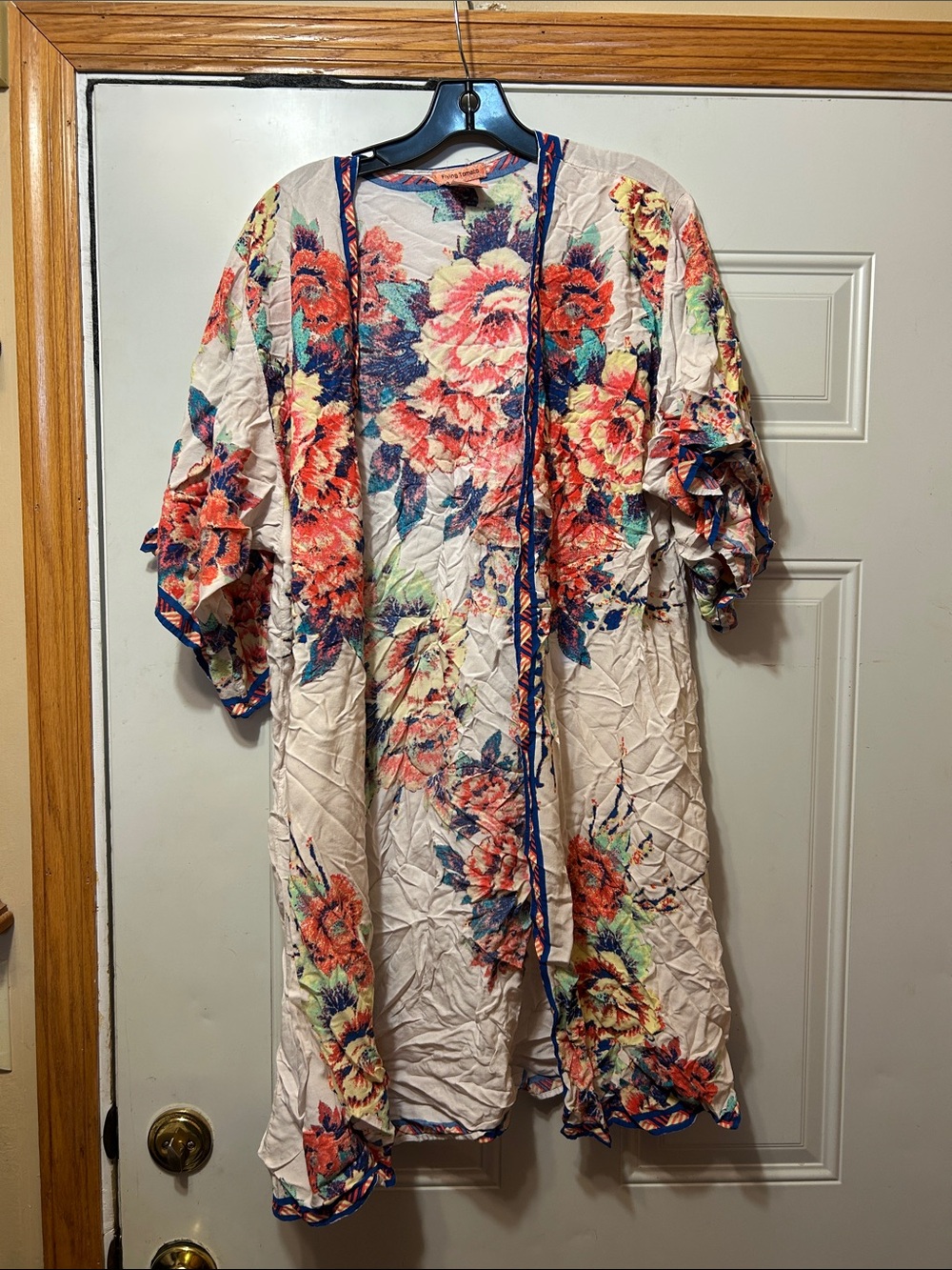 Flying Tomato Floral Open-Front Jacket/Wrap— Cream with Coral & Blue Flowers M/L